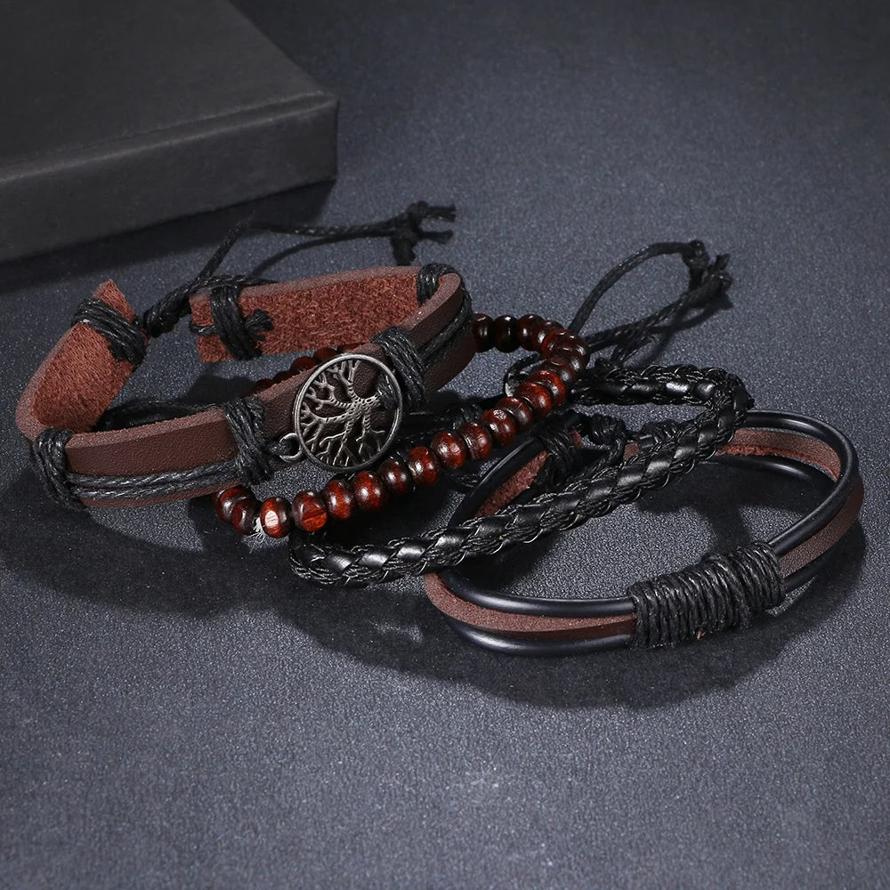 4Pcs/ Set Braided Wrap Leather Bracelets for Men Vintage Life Tree Rudder Charm Wood Beads Ethnic Tribal Wristband Rope Bracelet