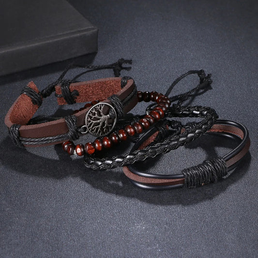 4Pcs/ Set Braided Wrap Leather Bracelets for Men Vintage Life Tree Rudder Charm Wood Beads Ethnic Tribal Wristband Rope Bracelet