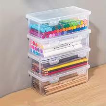 4 large transparent PP storage boxes with lids, used for storing office supplies, pencils, and crafts