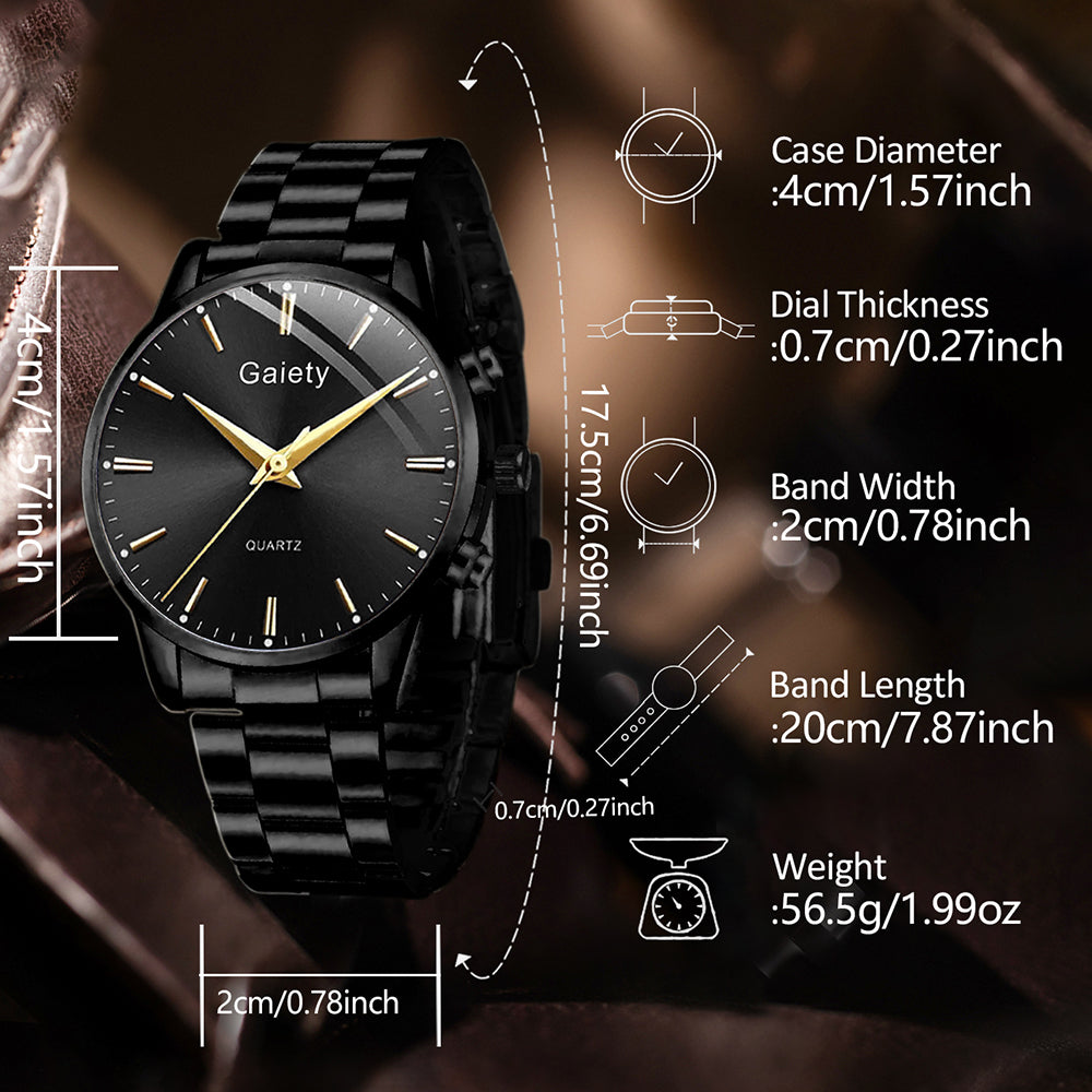 4PC Black Men's Watch Set Business Trendy Lines Scale Round Dial Quartz Watch Bracelet Necklace Ring Set Perfect Gift