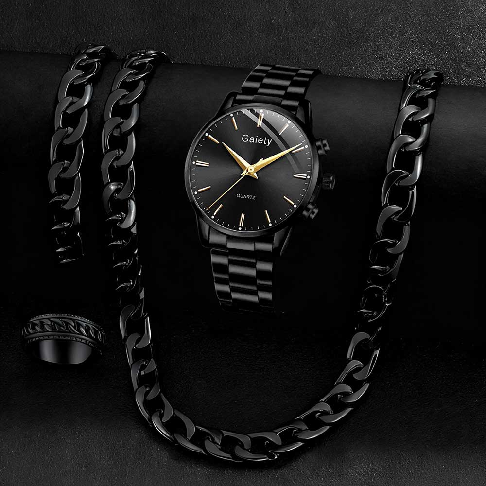 4PC Black Men's Watch Set Business Trendy Lines Scale Round Dial Quartz Watch Bracelet Necklace Ring Set Perfect Gift