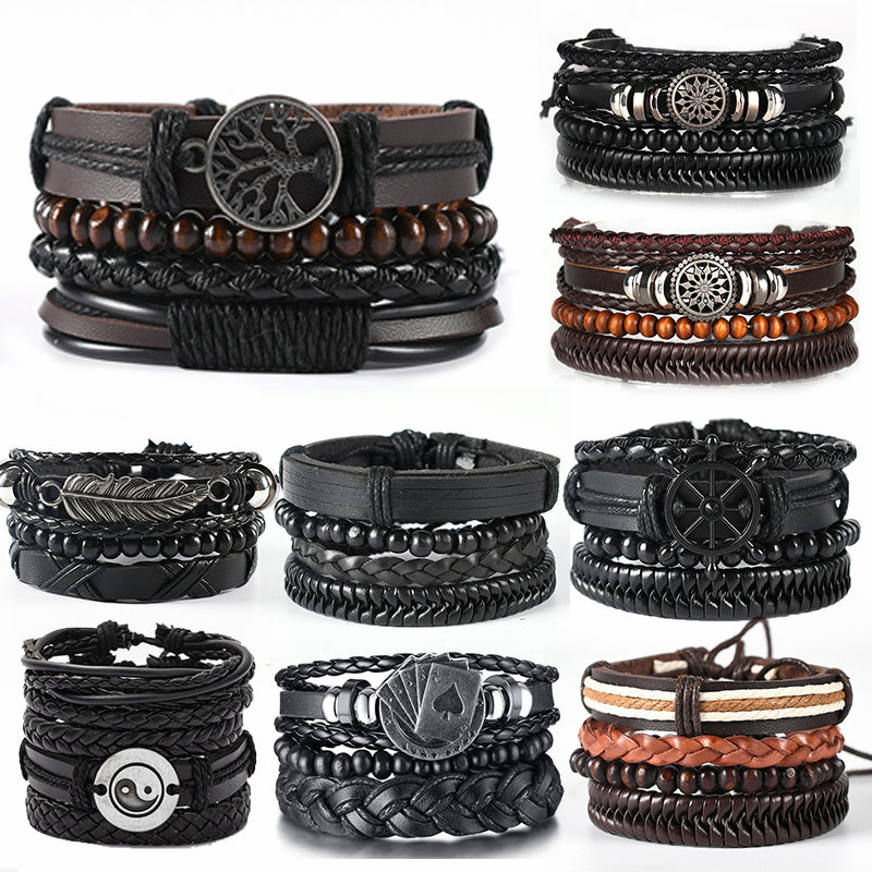 4Pcs/ Set Braided Wrap Leather Bracelets for Men Vintage Life Tree Rudder Charm Wood Beads Ethnic Tribal Wristband Rope Bracelet