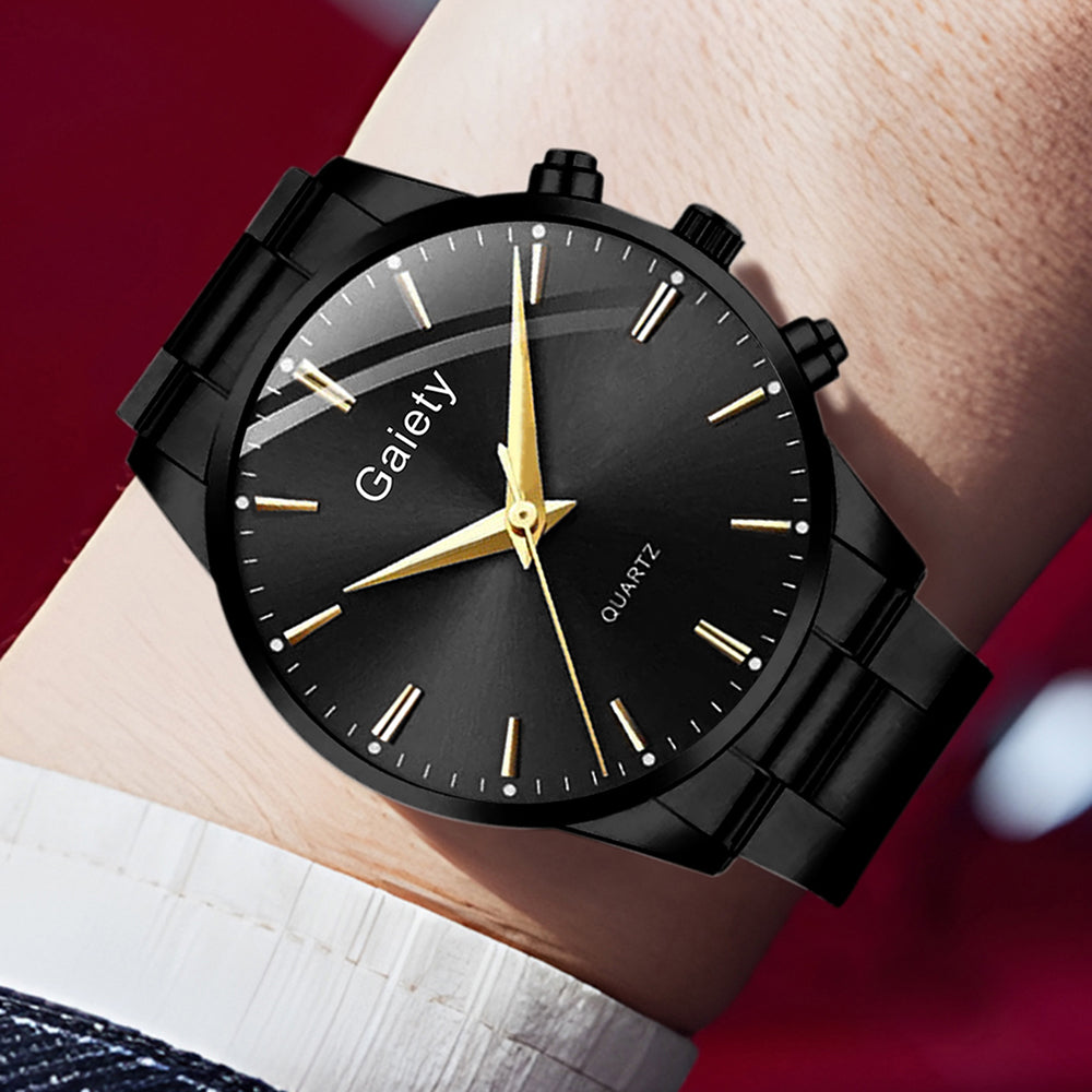 4PC Black Men's Watch Set Business Trendy Lines Scale Round Dial Quartz Watch Bracelet Necklace Ring Set Perfect Gift