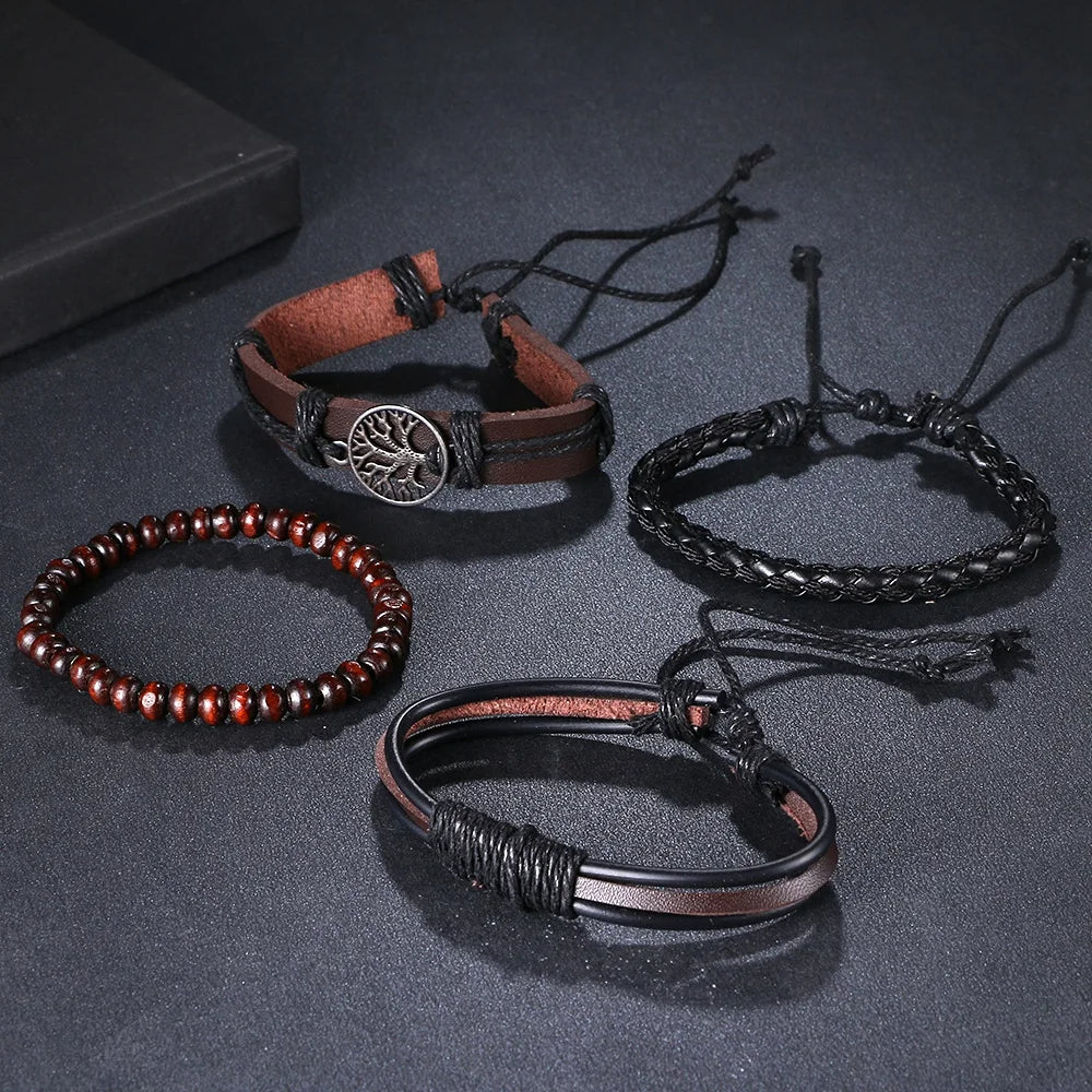 4Pcs/ Set Braided Wrap Leather Bracelets for Men Vintage Life Tree Rudder Charm Wood Beads Ethnic Tribal Wristband Rope Bracelet