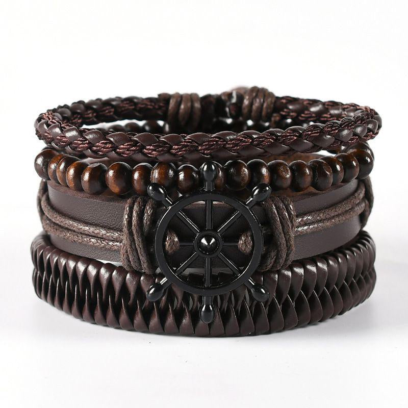4Pcs/ Set Braided Wrap Leather Bracelets for Men Vintage Life Tree Rudder Charm Wood Beads Ethnic Tribal Wristband Rope Bracelet